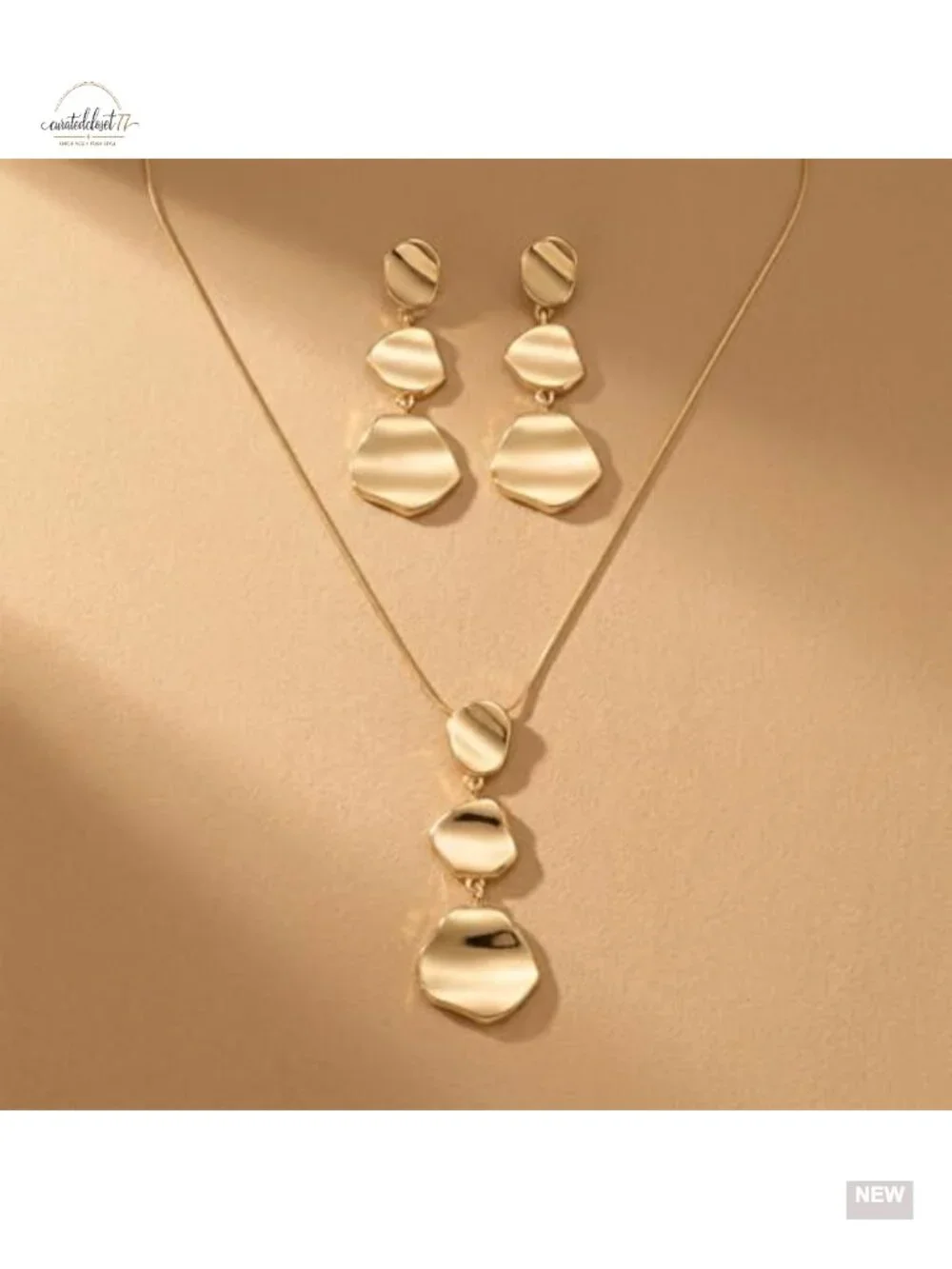 Gold Chunky Geometric Pendant Necklace and Earrings Set, Snake Chain,